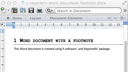 R software and Reporters package, add foot note to a Word document